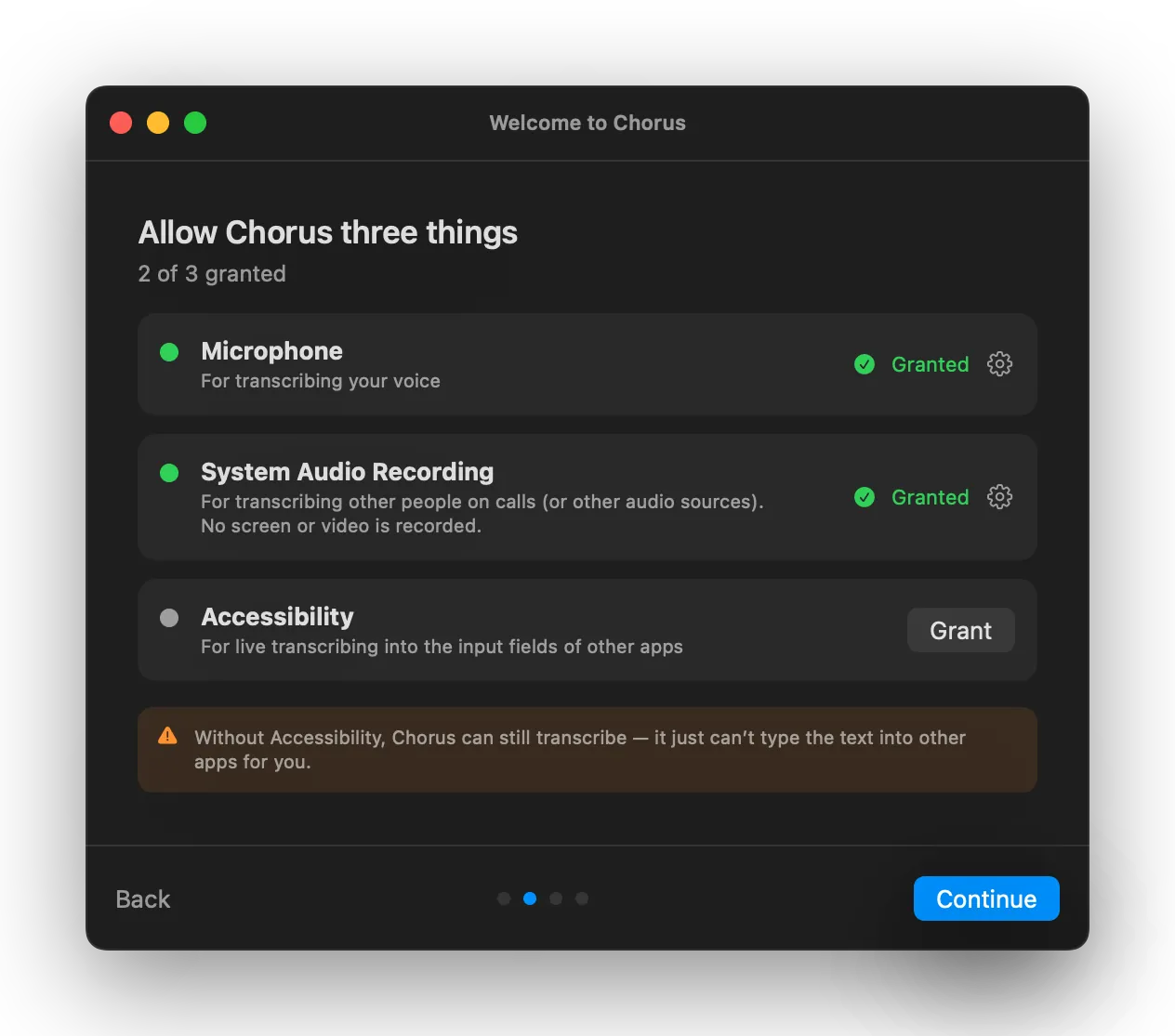 The Chorus setup wizard granting three permissions — Microphone and System Audio Recording granted, Accessibility optional.