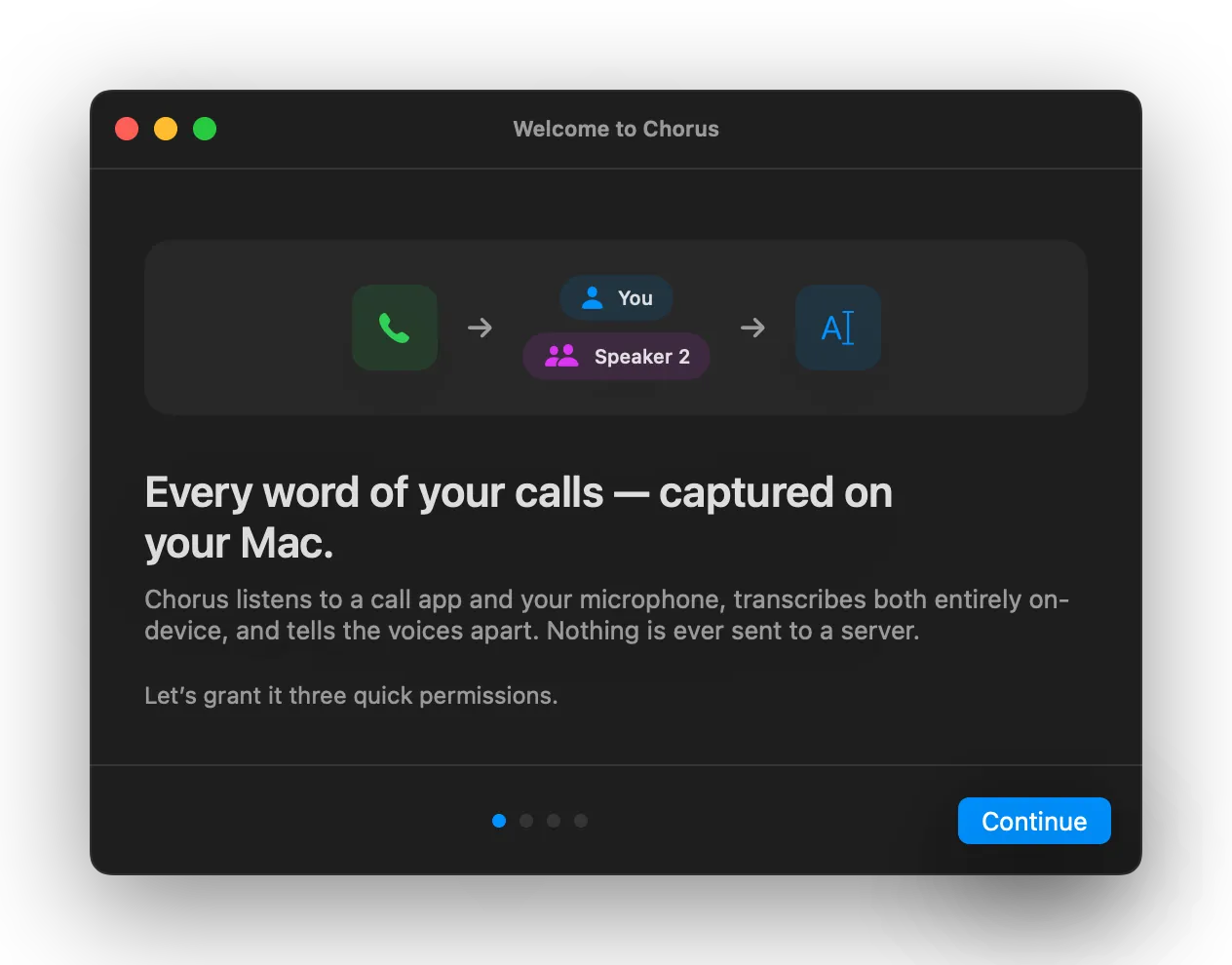The Chorus welcome screen: a call app feeds into You and Speaker 2 labels, then into a text field, under the heading 'Every word of your calls — captured on your Mac.'
