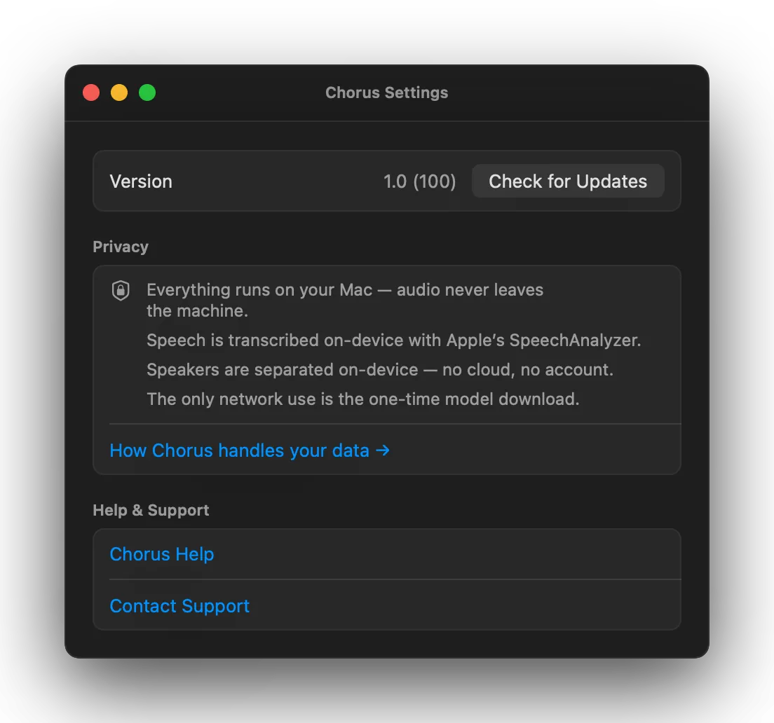 Chorus Settings, About tab: the version with a Check for Updates button, and a Privacy summary stating everything runs on your Mac, speech and speaker separation are on-device, and the only network use is the one-time model download.