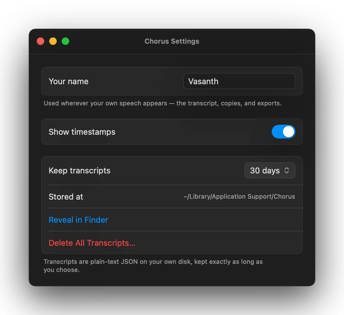 Chorus Settings, Transcripts tab: a 'Your name' field set to Vasanth, a 'Show timestamps' toggle, a 'Keep transcripts' menu set to 30 days, the storage location with a Reveal in Finder link, and a red Delete All Transcripts button.
