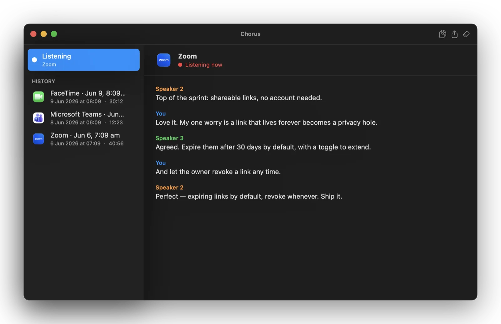 The Chorus transcript window: a sidebar of past sessions on the left, and a live Zoom call on the right, separated into Speaker 2, You, and Speaker 3.